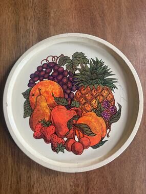 Vintage Metal Fruit Serving Tray Round England Kitchen Decor 11 Inch